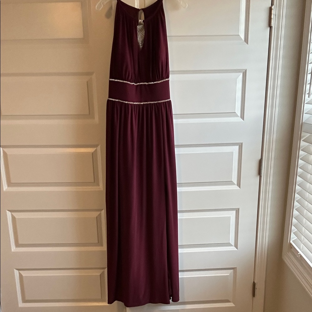 Oleg Cassini Burgundy Halter Evening Gown with Silver Trim